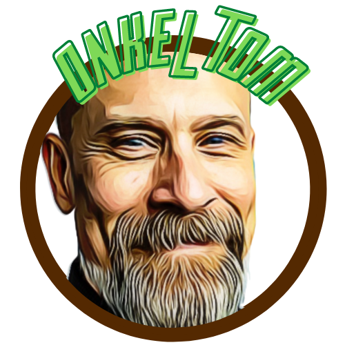 Logo Onkel Tom SRTI, alter Mann mit Bart, Brauner Ring, oben: Onkel Tom